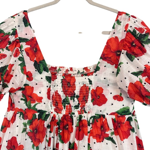 Maeve Anthropologie Red Poppy Floral Babydoll Mini Dress Puff Sleeve Large - Picture 11 of 16